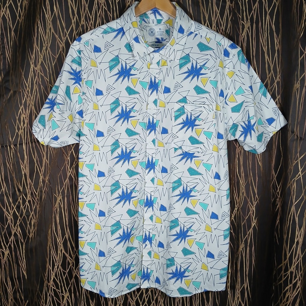 VTG Hurley Button Down Shirt Mens XL White Geometric Abstract Print Stretch Fit - Picture 2 of 7